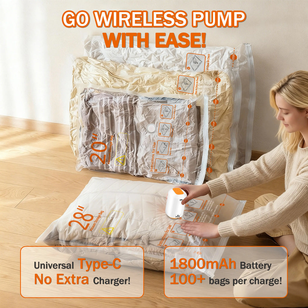Cordless Travel Vacuum Storage Bags Set with Rechargeable Air Pump, 10 Pack Waterproof & Reusable Compression Packing Bags in 3 Sizes, Space-Saving Vacuum Seal Bags for Clothes & Carry-On