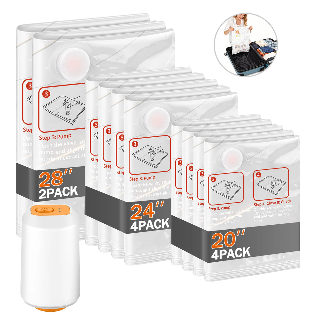Cordless Travel Vacuum Storage Bags Set with Rechargeable Air Pump, 10 Pack Waterproof & Reusable Compression Packing Bags in 3 Sizes, Space-Saving Vacuum Seal Bags for Clothes & Carry-On