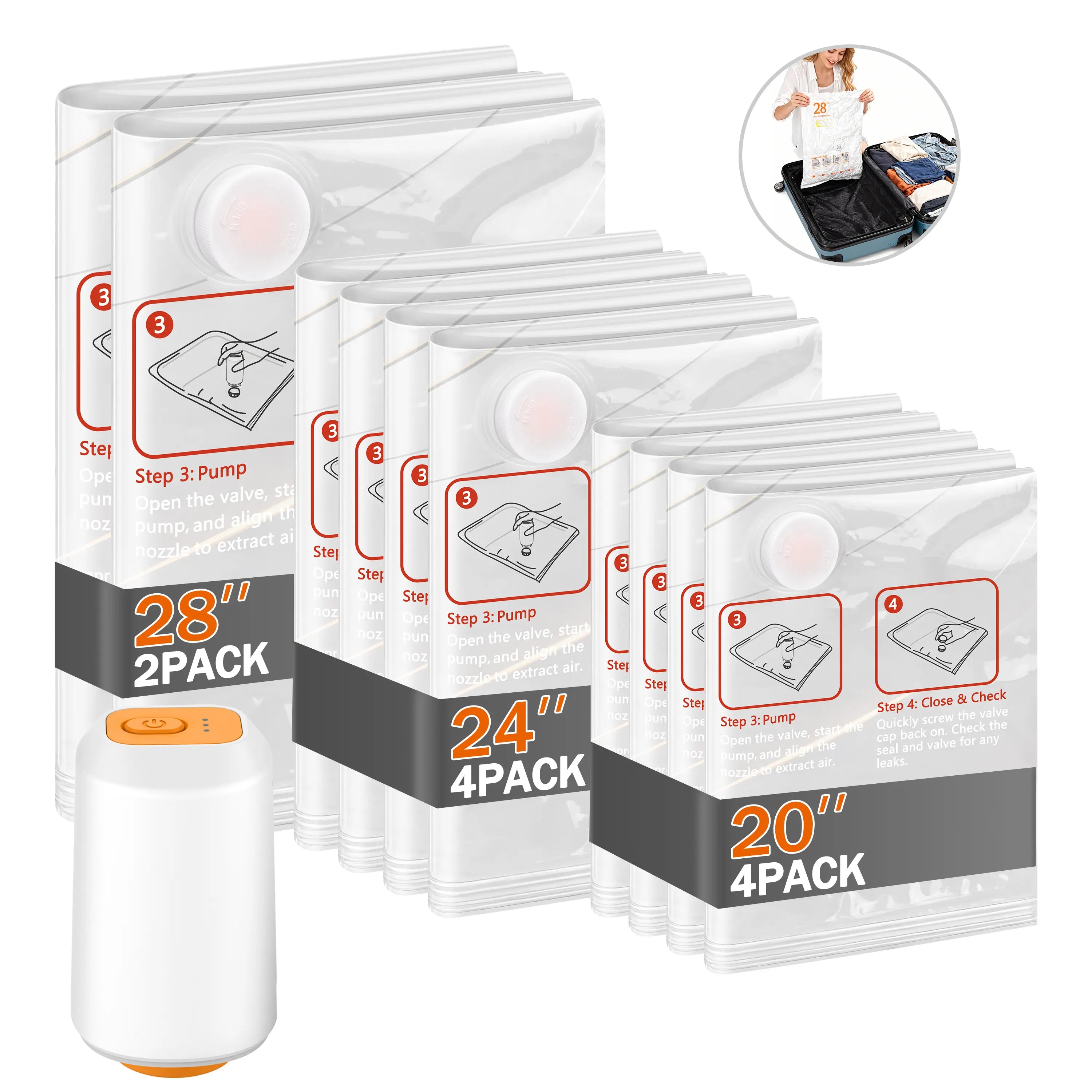 Cordless Travel Vacuum Storage Bags Set with Rechargeable Air Pump, 10 Pack Waterproof & Reusable Compression Packing Bags in 3 Sizes, Space-Saving Vacuum Seal Bags for Clothes & Carry-On
