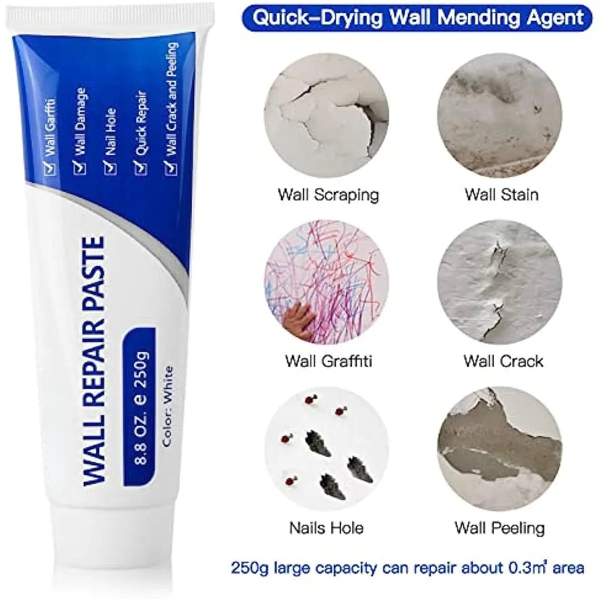 Drywall Patch Repair Kit with Scraper & Sandpaper, 250G Wall Mending Agent, Multi-Functional Quick-Drying Wall Repair Paste, Adhesive, Heavy Duty, Concrete Sealant Waterproof, Self Adhesive